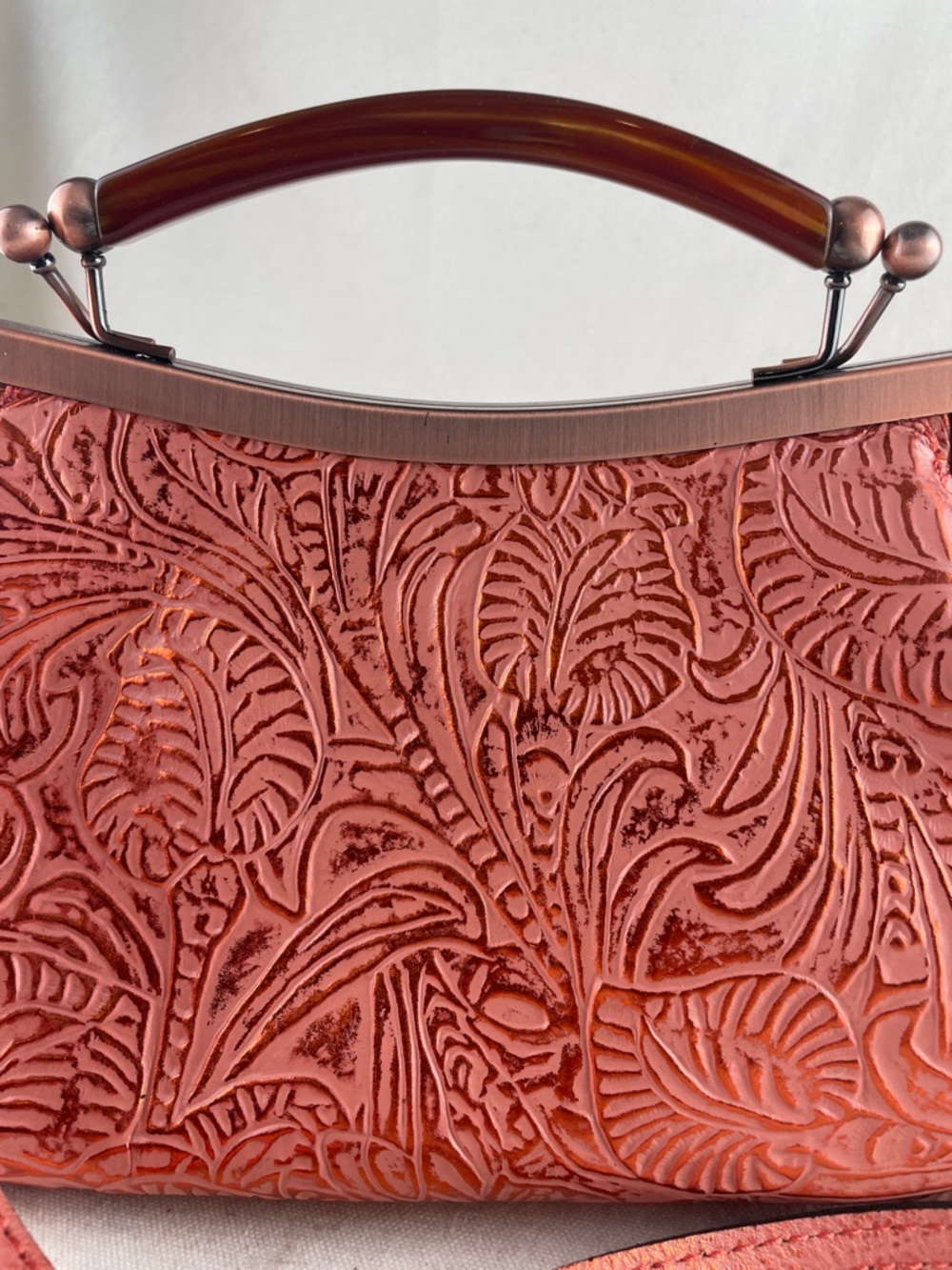 Patricia Nash Embossed Floral Leather Crossbody Bag in Coral - Picture 3 of 13
